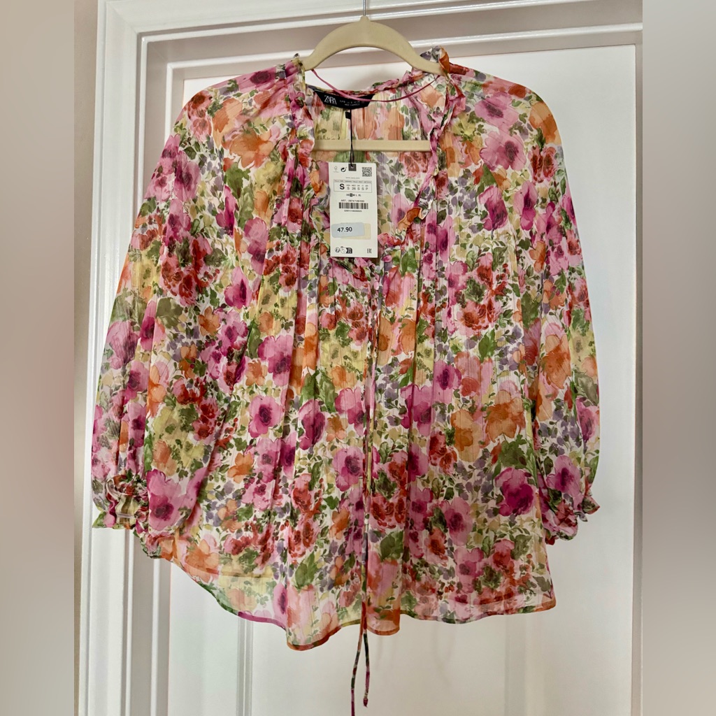 Zara Oversized Floral Blouse In Pink, Orange, And Green